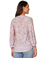 Democracy Petite Blouson-Sleeve Border-Print Knit Top