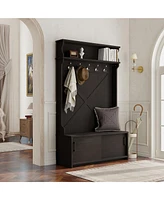 Boyel Living Hall Tree with Top Shelf and Storage Bench, Hallway Shoe Cabinet Sliding Doors, Coat Rack 5 Hanging Hooks for Entryways