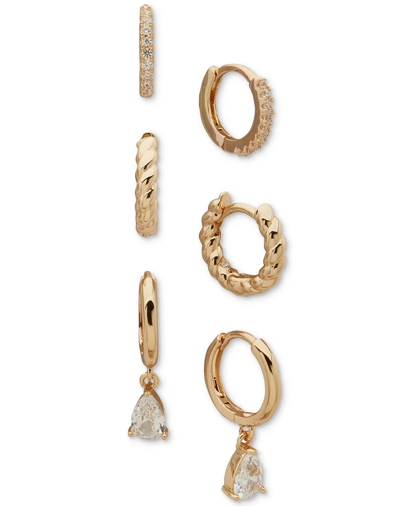 Anne Klein Metal 3-Pc. Set Texture Crystal Hoop Earrings