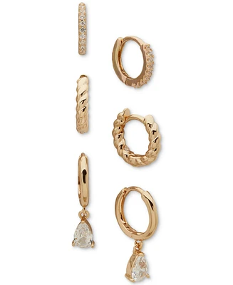 Anne Klein Metal 3-Pc. Set Texture Crystal Hoop Earrings