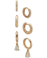 Anne Klein Metal 3-Pc. Set Texture Crystal Hoop Earrings