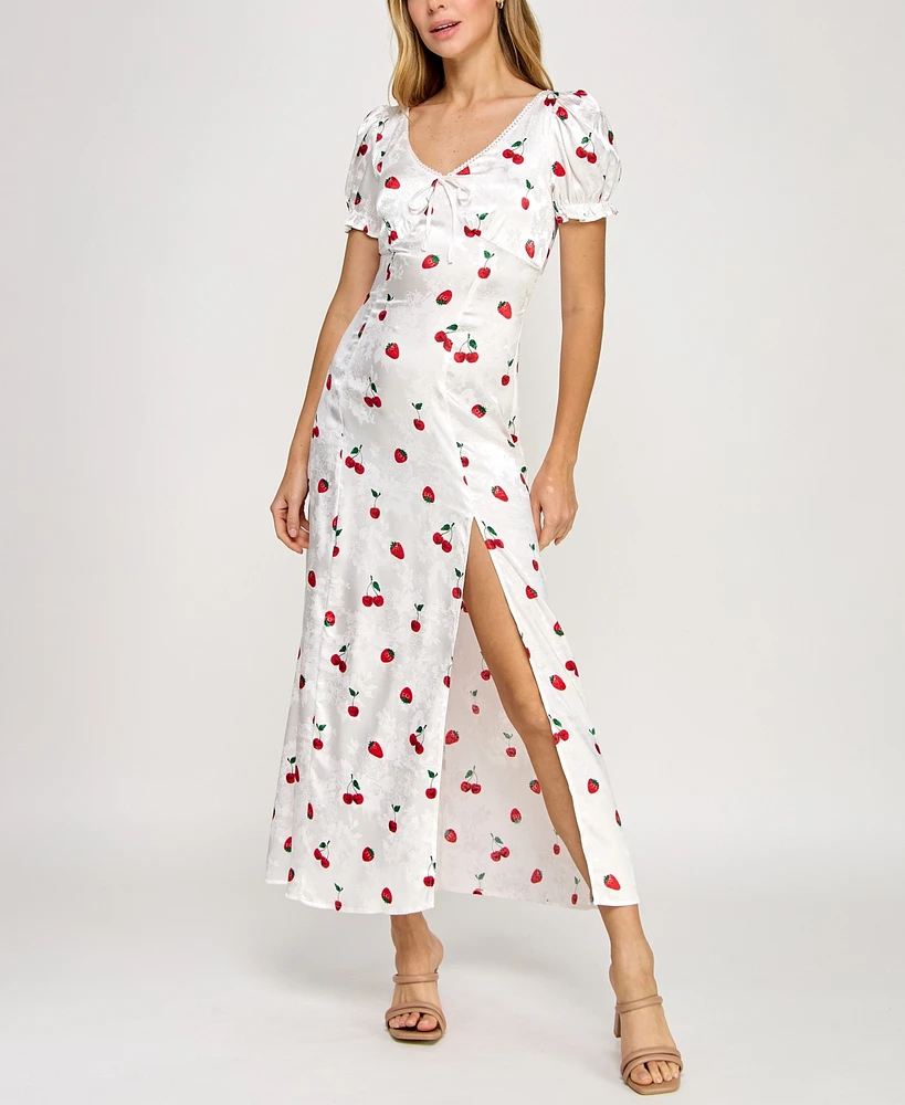 Crystal Doll Juniors' Printed Satin Puff-Sleeve Midi Dress