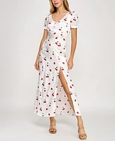 Crystal Doll Juniors' Printed Satin Puff-Sleeve Midi Dress