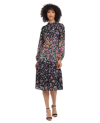 Maggy London Women's Crew Neck Long-Sleeve Midi Dress