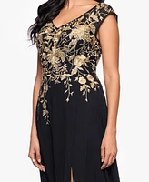 Betsy & Adam Petites Chiffon V-Neck Long A-Line Dress