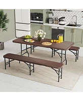 Gymax 3 Piece Folding Picnic Table Set w/ 6 ft Table & 2 Benches for Yard Camping