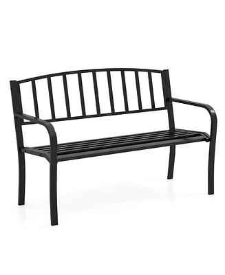 Gymax 50 Inches Garden Bench w/ Slatted Backrest & Curved Armrests for Porch