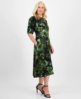 Connected Women's Woven Puff-Sleeve Round-Neck Midi Dress