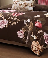 Bebejan Floral Garden on Mocha Bedding 200 Thread Count 100% Cotton Sateen 5 Piece Reversible King Comforter Set