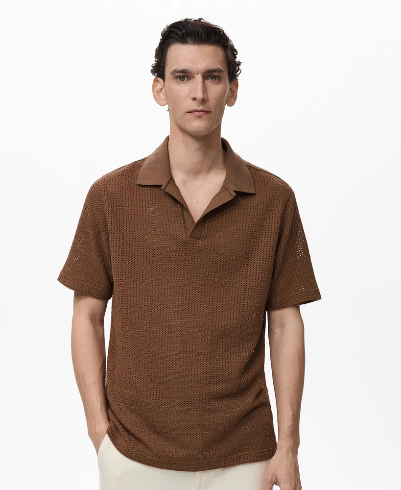 Mango Men's Openwork Cotton Knitted Polo Shirt
