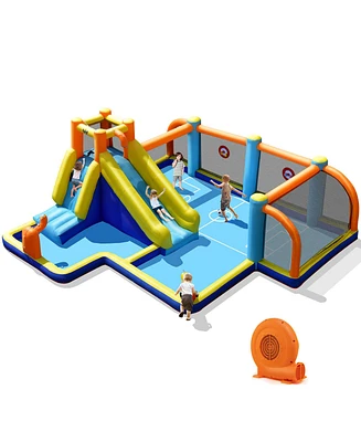 Gymax Giant Soccer-Themed Inflatable Water Slide Bouncer Splash Pool With 680W Blower