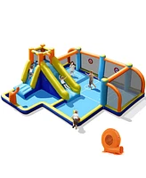 Gymax Giant Soccer-Themed Inflatable Water Slide Bouncer Splash Pool With 680W Blower