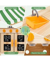 Mud Kitchen Fir Wood Play Kitchen with Canopy and Sink and 4 Stoves