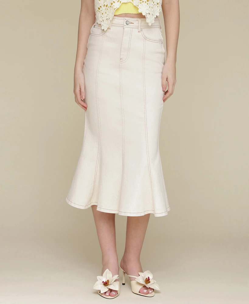 Avec Les Filles Women's Panelled Flare Denim Midi Skirt