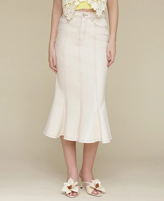 Avec Les Filles Women's Panelled Flare Denim Midi Skirt
