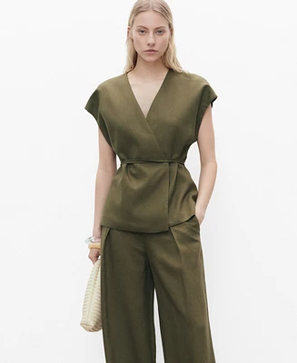 Mango Women's Linen-Blend Wrap Top