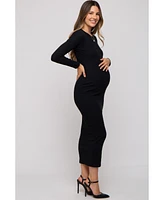 Pinkblush Maternity Black Ribbed Fitted Long Sleeve Midi Dress
