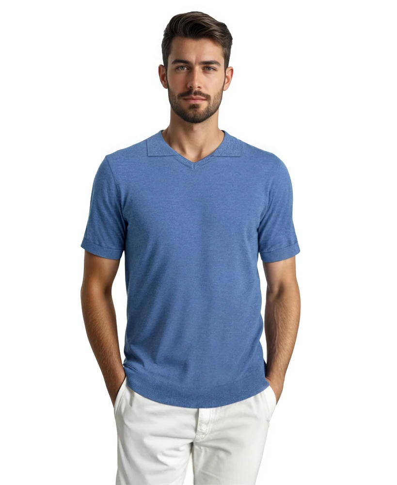 Scott Barber Vee Neck Knit Polo, Denim