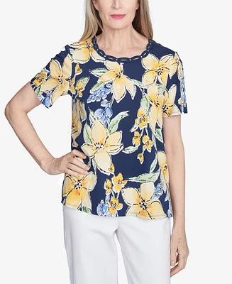 Alfred Dunner Petite Navy Floral Braided Crew Neck Top
