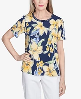 Alfred Dunner Petite Navy Floral Braided Crew Neck Top