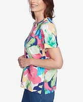Alfred Dunner Petite Tropical Leaf Split Beaded Neck Top