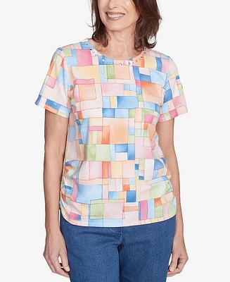 Alfred Dunner Petite Color Block Tile Top with Side Ruching