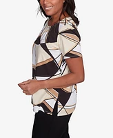 Alfred Dunner Petite Geometric Top with Detailed Neckline