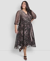 Dkny Plus Ombre Printed Balloon-Sleeve Faux-Wrap Dress