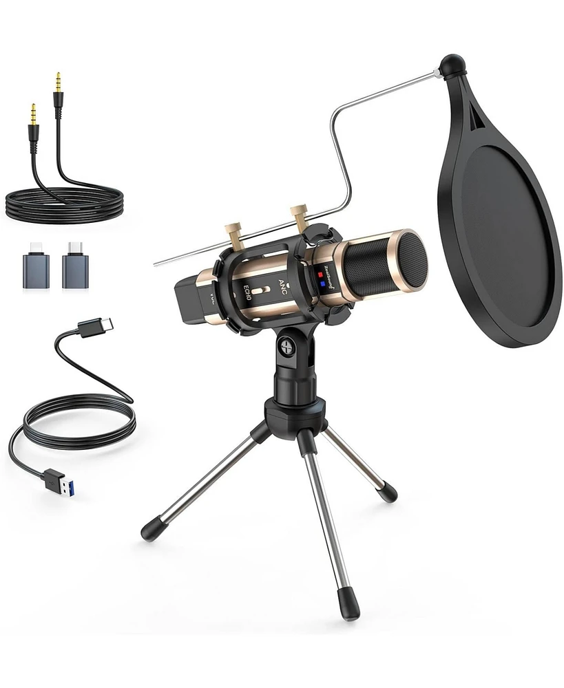 ZealSound Studio Condenser Microphone with Stand, Built-in Sound Card, Echo Recording for Phone, Pc, YouTube, Karaoke, Live Stream (Gold)