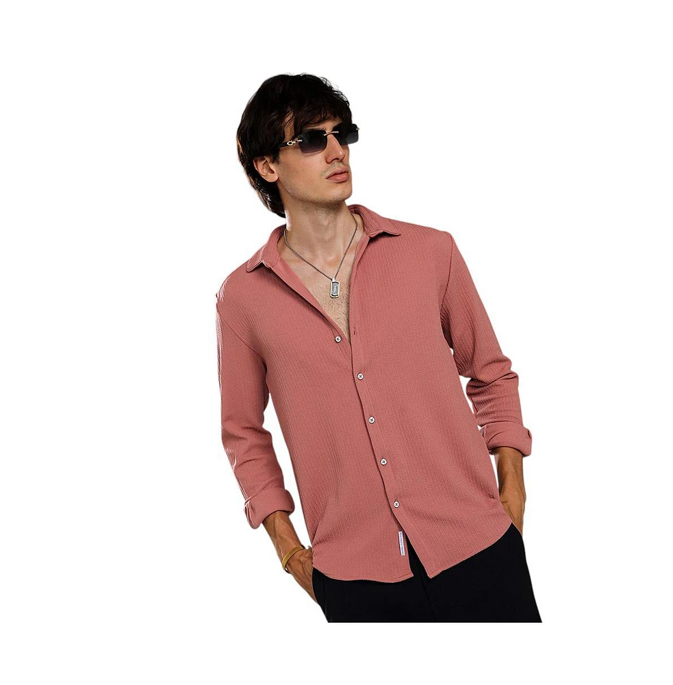 Campus Sutra Men's Salmon Pink Stripe-Creased Shirt