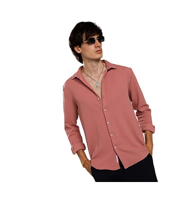Campus Sutra Men's Salmon Pink Stripe-Creased Shirt