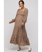 Pinkblush Mocha Floral Smocked Long Sleeve Maternity Maxi Dress