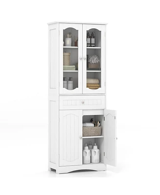 Bathroom Storage Cabinet with 2 Glass Doors and Adjustable Shelves Drawer