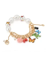 Betsey Johnson Faux Stone Backyard Butterfly Mixed Charm Pearl Stretch Bracelet