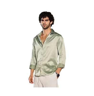 Campus Sutra Men's Sage Green Solid Satin Shirt