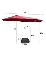 Flynama 15x9ft Large Double-Sided Rectangular Outdoor Twin Patio Market Umbrella with light and base- red