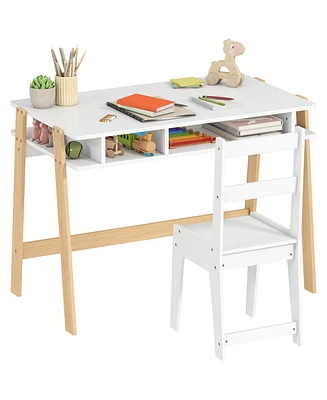 Qaba Kids Desk and Chair Set with Storage, Kids Study Desk and Chair