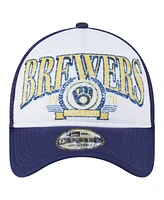 New Era Men's White Milwaukee Brewers Distressed 9FORTY A-Frame Adjustable Trucker Hat