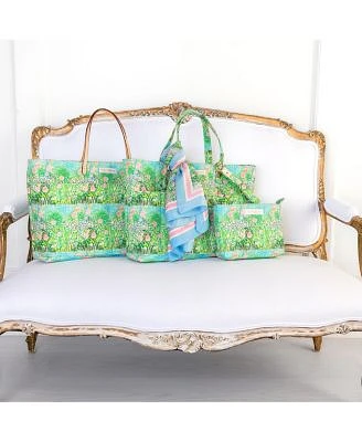 Evelyn Kate Pink Roses On Green Floral Collection Artist Designed Canvas Quilted Tote Bags Pouch Coordinating Garden Inspired Silk Scarf Wrap Sarong Fabric Loop Keychain Accessories