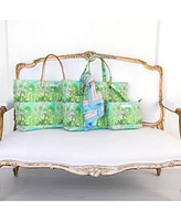 Evelyn Kate Pink Roses On Green Floral Collection Artist Designed Canvas Quilted Tote Bags Pouch Coordinating Garden Inspired Silk Scarf Wrap Sarong Fabric Loop Keychain Accessories