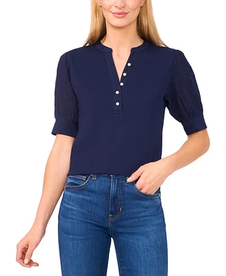 CeCe Women's Cotton Puffed-Sleeve Mixed-Media Top
