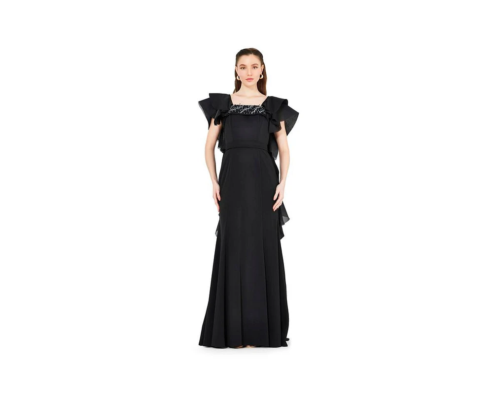 Amri Women's Cascading Sleeves Gown with Embellished Neckline