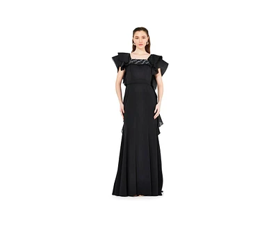 Amri Women's Cascading Sleeves Gown with Embellished Neckline