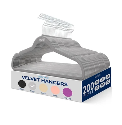 SereneLife 200-Pack Velvet Hangers – Non-Slip Gray Hangers with 360° Swivel Hooks, Ultra-Thin, Heavy-Duty, Space-Saving for Coats, Shirts