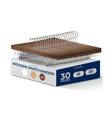 SereneLife 30 Pcs. Premium Wooden Pants Hangers - Heavy Duty Hanger Set with Chrome 360° Swivel Hook (Retro)