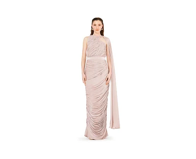 Amri Asymmetric Cutout Ruched Dress With Single Cape Sleeve