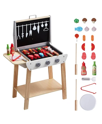 Slickblue 21 Piece Kids Bbq Grill Playset Wooden Pretend Cooking Toy Set with Sound Effects