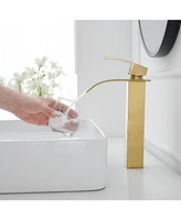 Greenspring Waterfall Single Hole Single Handle Modern Bathroom Vessel Sink Faucet With Metal Drain in Brushed Gold