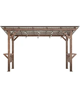 Mondawe 13x6.5FT Wooden Bbq Pergola – Metal Roof Grill Gazebo with Bar Counters & Lights