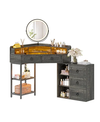 Vlsrka Corner vanity desk with mirror, three-color Led lights, and charging station.